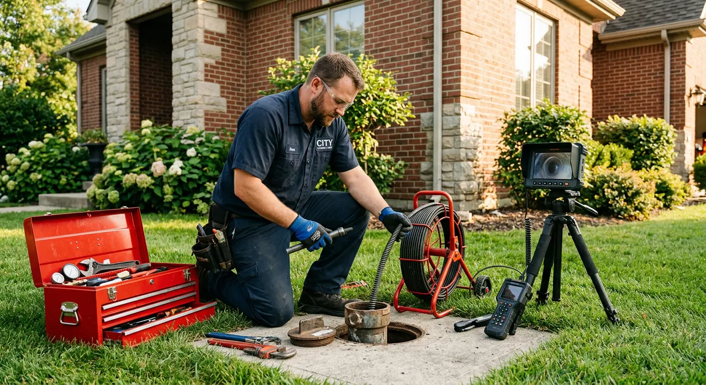 Sewer specialist with camera equipment servicing a cleanout in New Haven