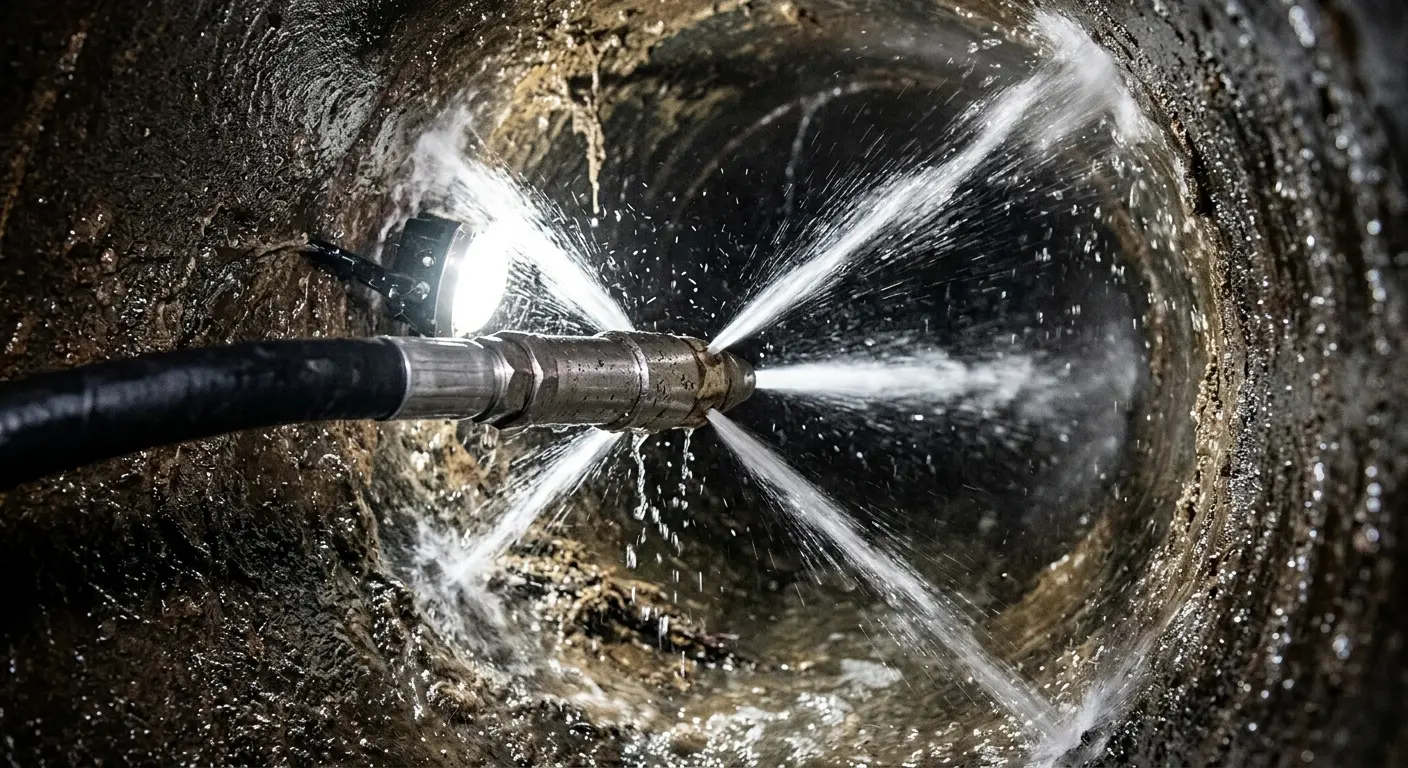 High-pressure hydro jetting nozzle cleaning sewer pipe for Emergency Drain Service in New Haven