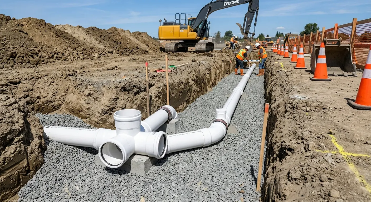 New PVC sewer pipe installation in open trench for Commercial Drain Cleaning in New Haven