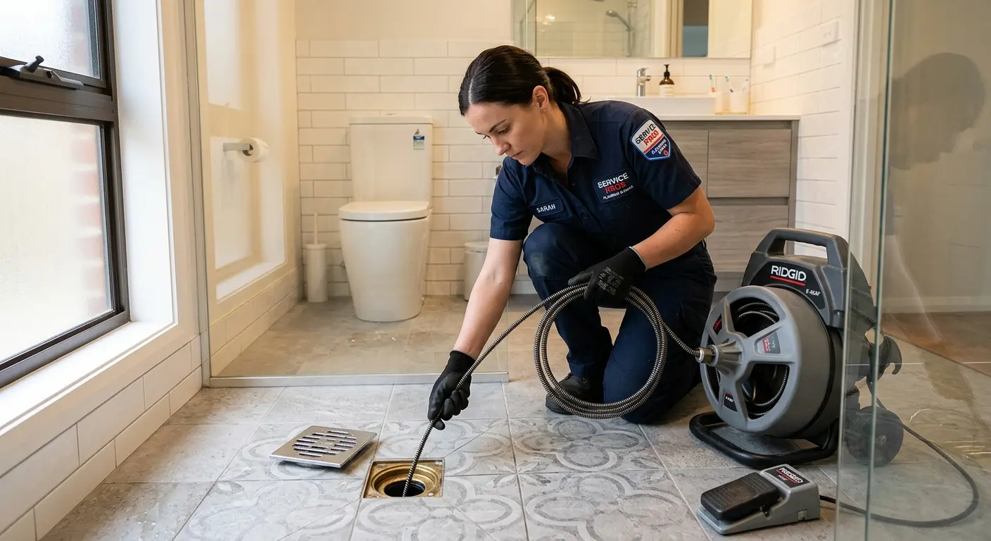Technician clearing a bathroom floor drain for Clogged Drain Repair in New Haven